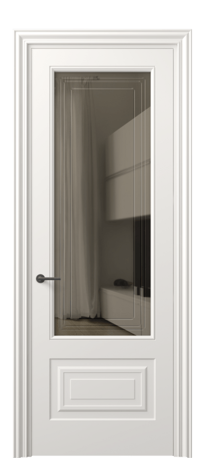 Межкомнатная дверь Mascot 8442 Матовый пудровый белый Прозрачное бронзовое стекло с гравировкой "Грани", триплекс Цена 471800 AMD | Volhovec