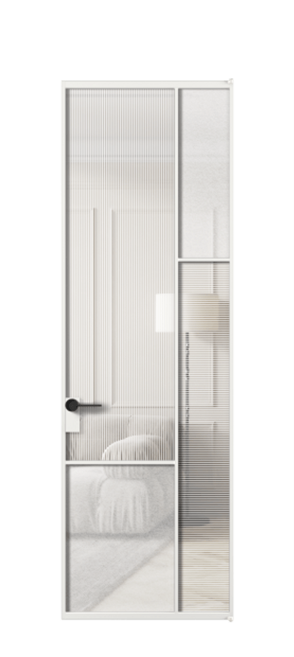 Межкомнатная дверь Mosaic АЛПЛ041.12 Алюминий белоснежный Рифлёное стекло "Дюна", триплекс, 6 мм + Фактурное стекло "Лёд", триплекс Цена 1172580 AMD | Volhovec