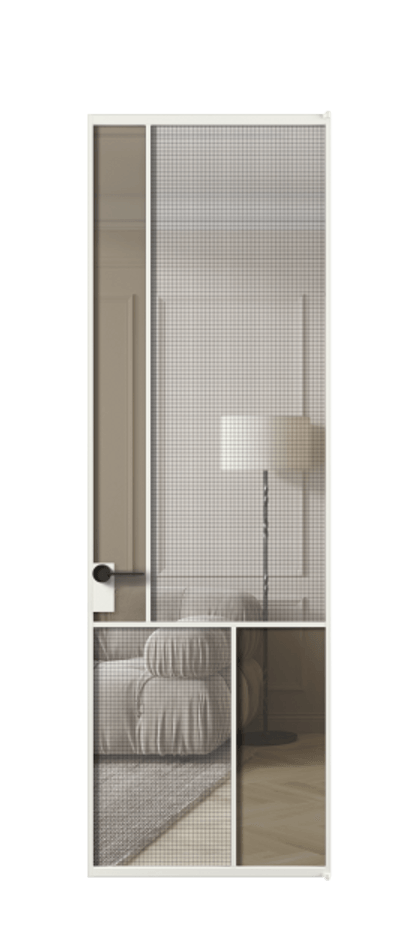 Межкомнатная дверь Mosaic АЛПЛ041.20 Алюминий светло-серый Декоративное стекло с сеткой "Mesh silver", триплекс, 6 мм + Прозрачное бронзовое стекло, триплекс Цена 1120111 AMD | Volhovec