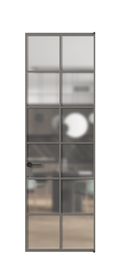 Алюминиевая дверь АЛПЛ040.05 Алюминий классический серый Сатинированное стекло "Matelux Crystal Vision", калёное, матовое, каленое 6 мм Цена 1061980  | Volhovec