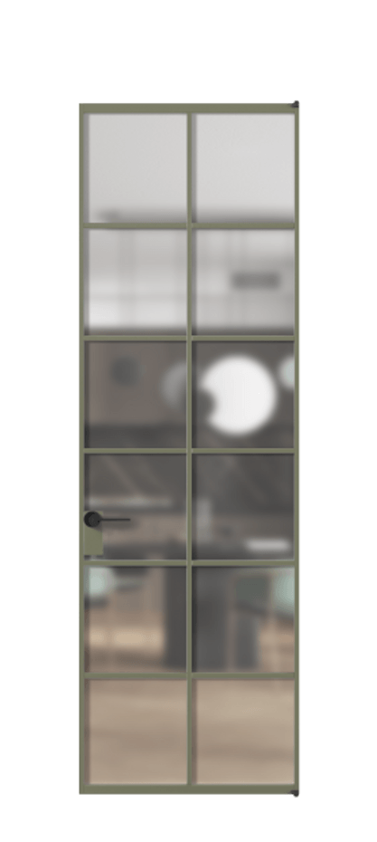 Алюминиевая дверь АЛПЛ040.05 Алюминий оливковый тёмный Сатинированное стекло "Matelux Crystal Vision", калёное, матовое, каленое 6 мм Цена 1061980  | Volhovec