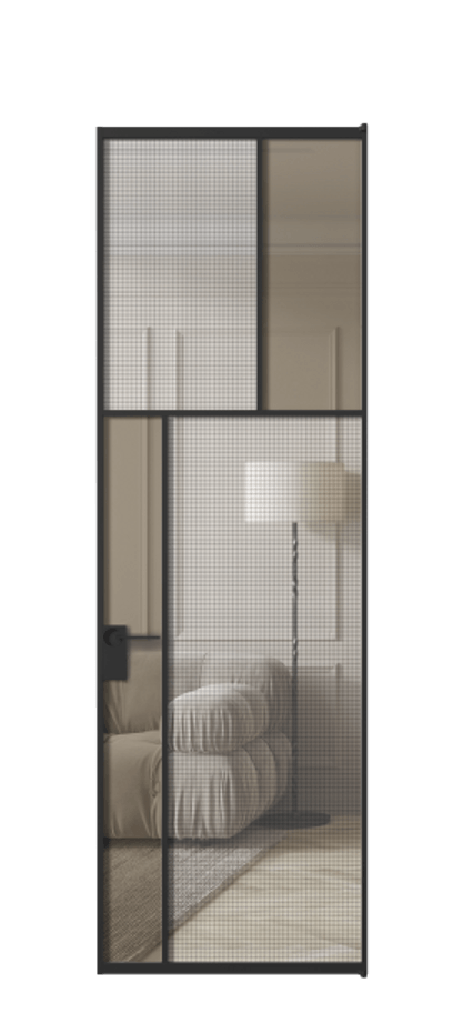 Межкомнатная дверь Mosaic АЛПЛ041.22 Алюминий Черный Декоративное стекло с сеткой "Mesh silver", триплекс, 6 мм + Прозрачное бронзовое стекло, триплекс Цена 1119980 AMD | Volhovec