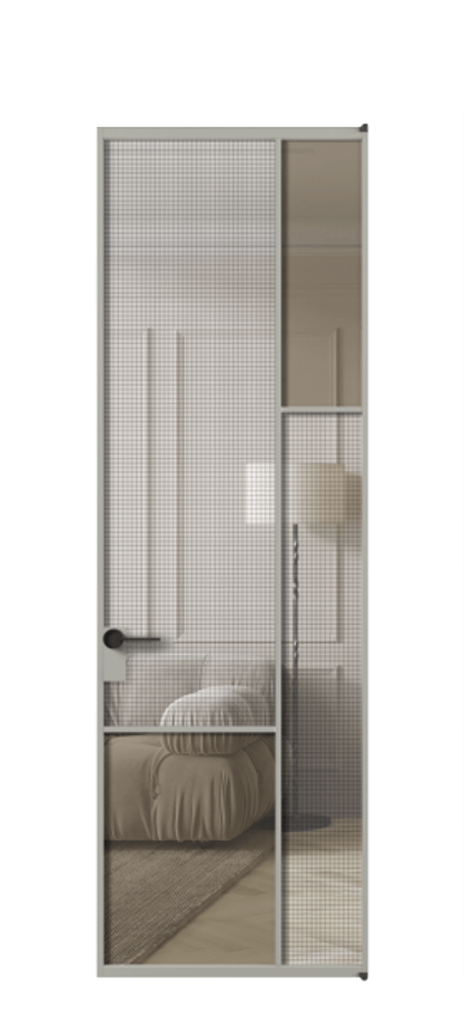 Межкомнатная дверь Mosaic АЛПЛ041.12 Алюминий нейтральный серый Декоративное стекло с сеткой "Mesh silver", триплекс, 6 мм + Прозрачное бронзовое стекло, триплекс Цена 1159090 AMD | Volhovec