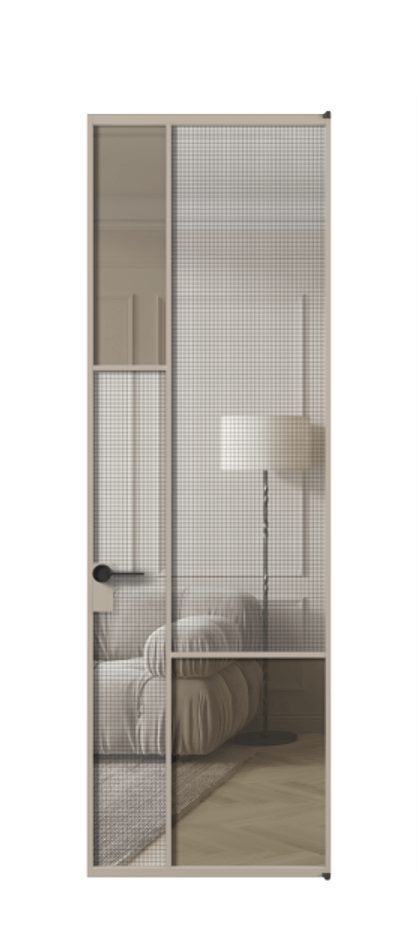 Межкомнатная дверь Mosaic АЛПЛ041.13 Алюминий бисквитный Декоративное стекло с сеткой "Mesh silver", триплекс, 6 мм + Прозрачное бронзовое стекло, триплекс Цена 171870 ₽ | Volhovec