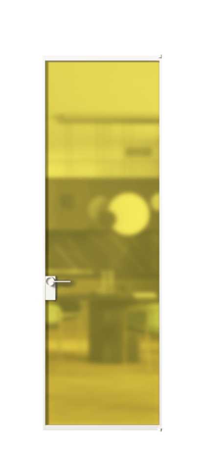 Алюминиевая дверь АЛПЛ040.01 Алюминий Белый Сатинированное жёлтое стекло, триплекс, 6мм Цена 695520  | Volhovec