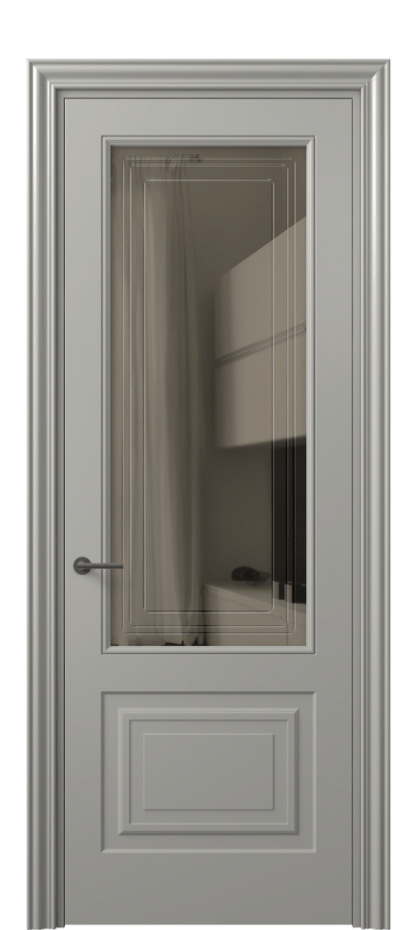 Межкомнатная дверь Маскот 8452 Матовый нейтральный серый Прозрачное бронзовое стекло с гравировкой "Грани", триплекс Цена 450660 AMD | Volhovec