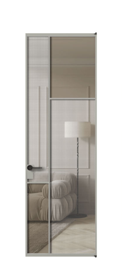 Межкомнатная дверь Mosaic АЛПЛ041.11 Алюминий нейтральный серый Декоративное стекло с сеткой "Mesh silver", триплекс, 6 мм + Прозрачное бронзовое стекло, триплекс Цена 1159090 AMD | Volhovec