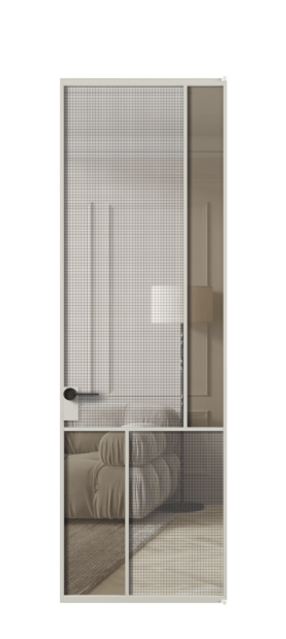 Межкомнатная дверь Mosaic АЛПЛ041.21 Алюминий тёплый серый Декоративное стекло с сеткой "Mesh silver", триплекс, 6 мм + Прозрачное бронзовое стекло, триплекс, 6 мм Цена 648500 AMD | Volhovec