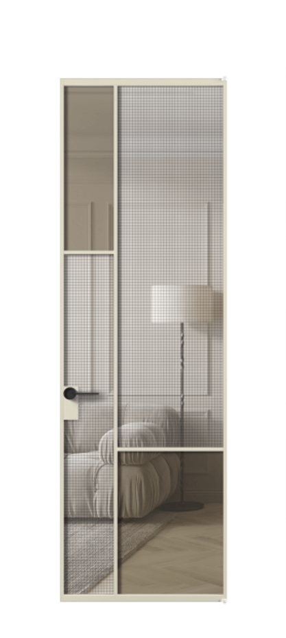 Межкомнатная дверь Mosaic АЛПЛ041.13 Алюминий бежево-серый Декоративное стекло с сеткой "Mesh silver", триплекс, 6 мм + Прозрачное бронзовое стекло, триплекс Цена 1159090 AMD | Volhovec