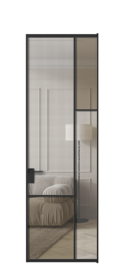 Межкомнатная дверь Mosaic АЛПЛ041.12 Алюминий Черный Декоративное стекло с сеткой "Mesh silver", триплекс, 6 мм + Прозрачное бронзовое стекло, триплекс, 6 мм Цена 1057390 AMD | Volhovec