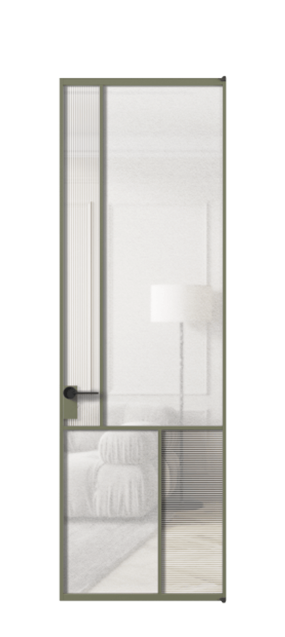Межкомнатная дверь Mosaic АЛПЛ041.20 Алюминий оливковый тёмный Рифлёное стекло "Дюна", триплекс, 6 мм + Фактурное стекло "Лёд", триплекс Цена 1172580 AMD | Volhovec