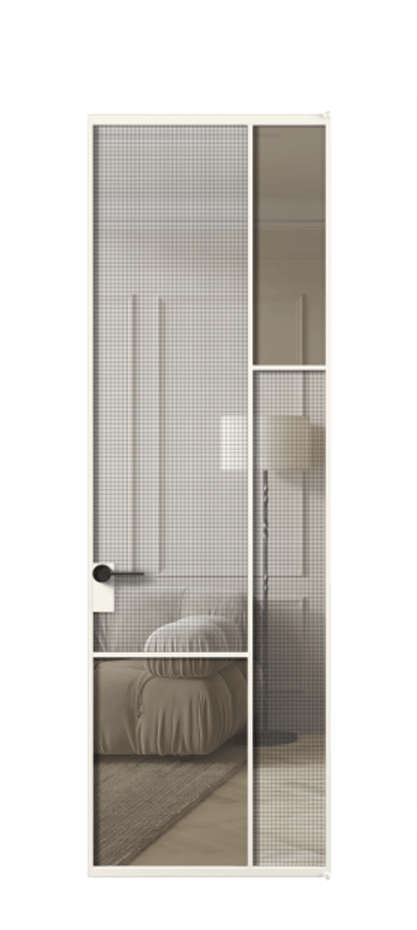 Межкомнатная дверь Mosaic АЛПЛ041.12 Алюминий пудровый белый Декоративное стекло с сеткой "Mesh silver", триплекс, 6 мм + Прозрачное бронзовое стекло, триплекс Цена 1159090 AMD | Volhovec