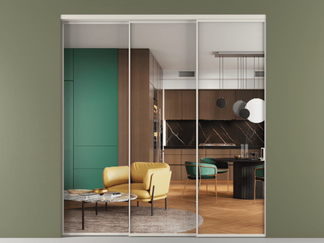 Перегородка Formato внутри проёма телескопик синхро 2 АЛПР 040.01 Алюминий облачно-серый Прозрачное стекло "Crystal Vision", калёное, 6 мм Цена 2535740 AMD  | Volhovec