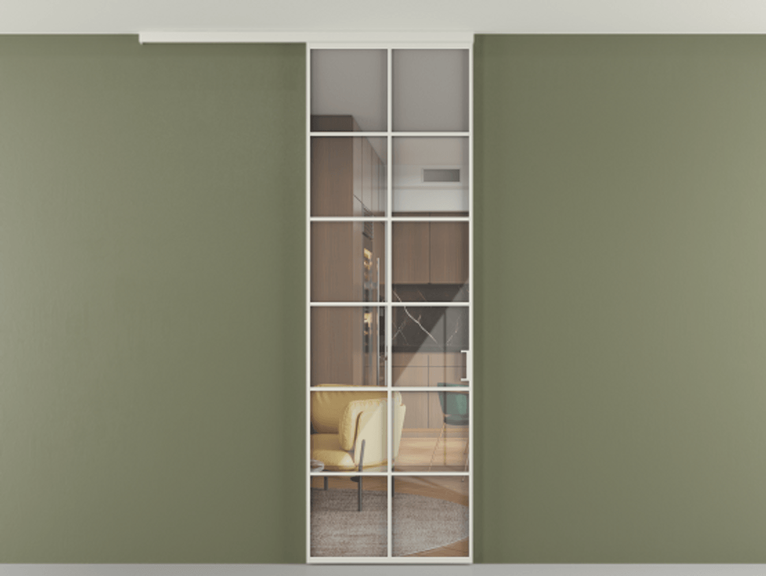 Перегородка Формато вдоль стены на потолок 1 створка АЛПР 040.05 Алюминий Белый Рефлективное прозрачное стекло "Стопсол", калёное Цена 869910 AMD | Volhovec