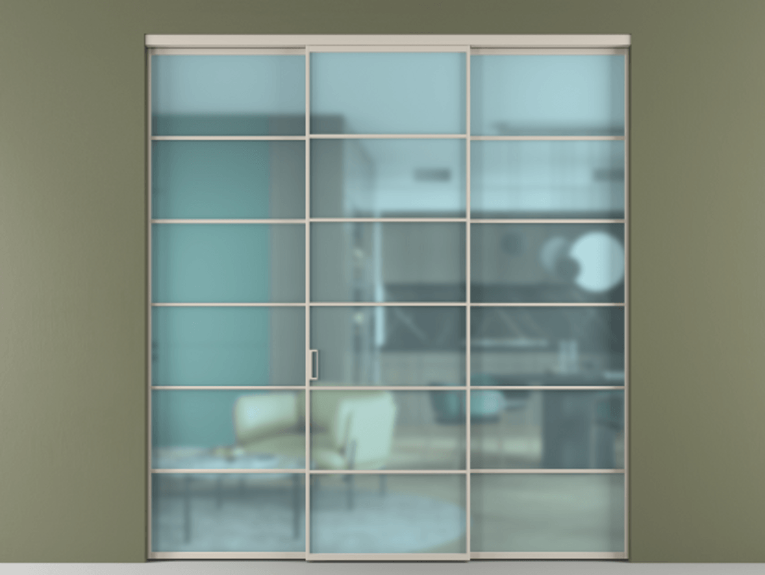 Перегородка Formato внутри проёма 3 створки АЛПР 040.04 Алюминий светло-бежевый Сатинированное голубое стекло, триплекс Цена 1718500 AMD | Volhovec