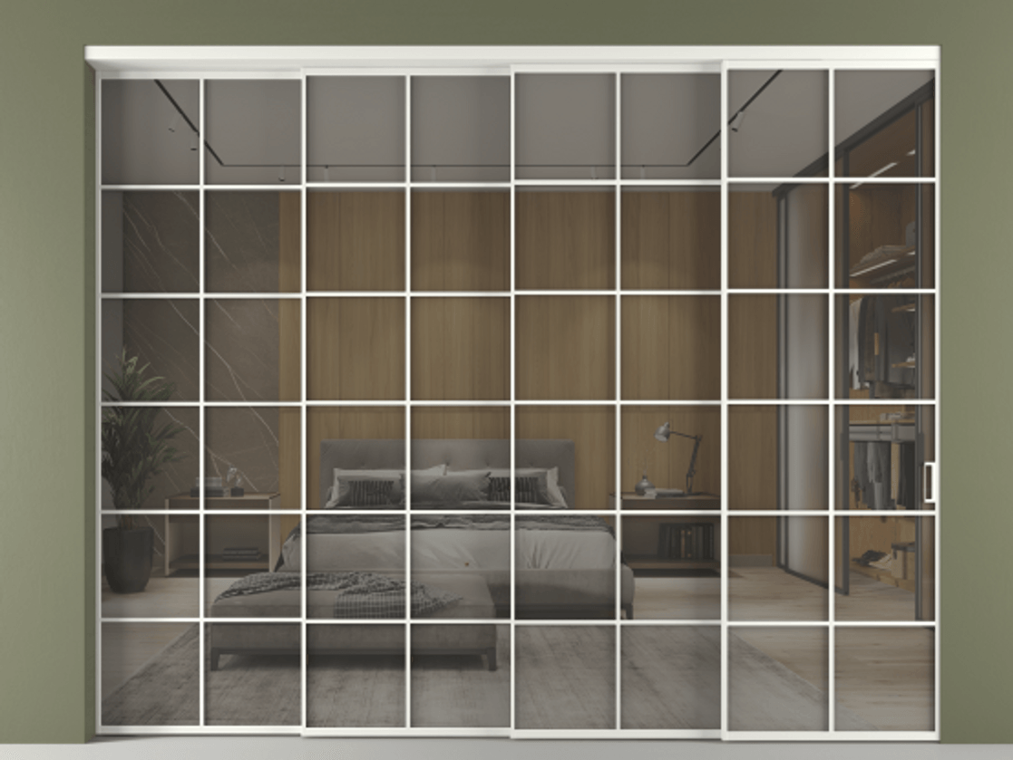 Перегородка Формато внутри проёма 4 створки с синхронным механизмом АЛПР 040.05 Алюминий светло-серый Рефлективное серое стекло "Стопсол", калёное Цена 3468300 AMD | Volhovec