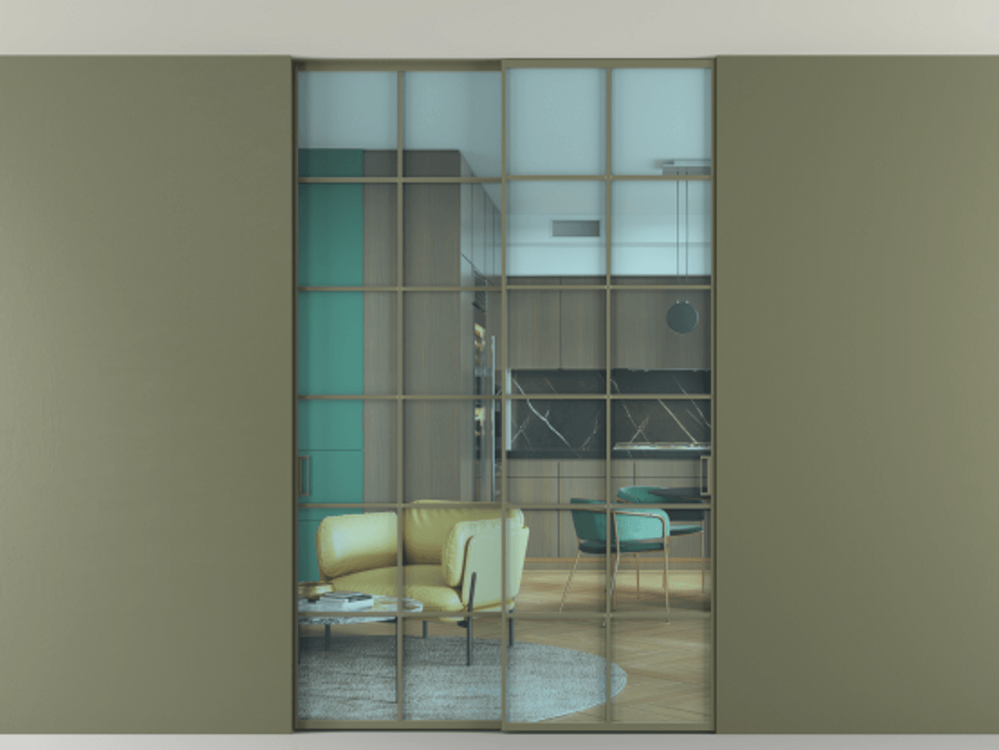 Перегородка Formato внутри проёма скрытое крепление в потолок 2 створки АЛПР 040.05 Алюминий оливковый тёмный Прозрачное голубое стекло, триплекс Цена 1822300 AMD | Volhovec