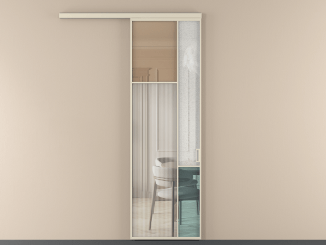 Перегородка Mosaic вдоль стены одностворчатая АЛПР 041.10 Алюминий бежево-серый Комбинация стекол Группы 1 и Группы 3 Цена 871100 AMD | Volhovec