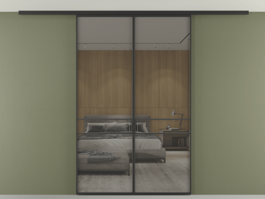 Перегородка Formato вдоль стены на потолок 2 створки АЛПР 040.02 Алюминий Черный Рефлективное серое стекло "Stopsol", калёное Цена 1584170 AMD | Volhovec