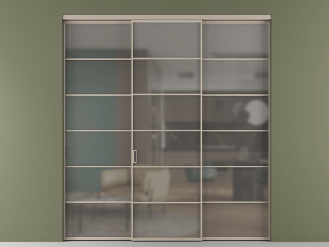 Перегородка Формато внутри проёма 3 створки АЛПР 040.04 Алюминий бисквитный Сатинированное серое стекло, триплекс Цена 1718540 AMD | Volhovec