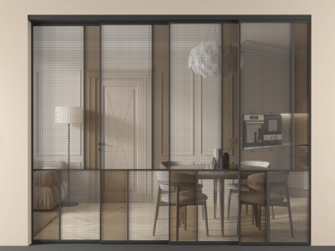 Перегородка Mosaic внутри проёма 4 створки с синхронным механизмом АЛПР 041.21 Алюминий Черный Декоративное стекло с сеткой "Mesh silver", триплекс, 6 мм + Прозрачное бронзовое стекло, триплекс. Скрытый короб ЧЕР Цена 3938901 AMD . Фабрика дверей Волховец 8 (800) 551 43 19 Перегородка Mosaic внутри проёма 4 створки с синхронным механизмом АЛПР 041.21 Алюминий Черный Декоративное стекло с сеткой "Mesh silver", триплекс, 6 мм + Прозрачное бронзовое стекло, триплекс Цена 3938901 AMD | Volhovec