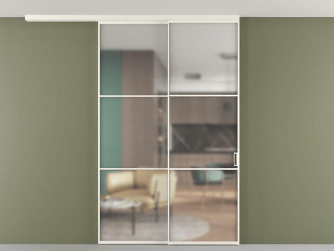 Перегородка Формато вдоль стены на потолок 2 створки с синхронным механизмом АЛПР 040.03 Алюминий пудровый белый Сатинированное стекло "Мателюкс Кристал Вижн", калёное, матовое, каленое 6 мм Цена 2205420 AMD | Volhovec