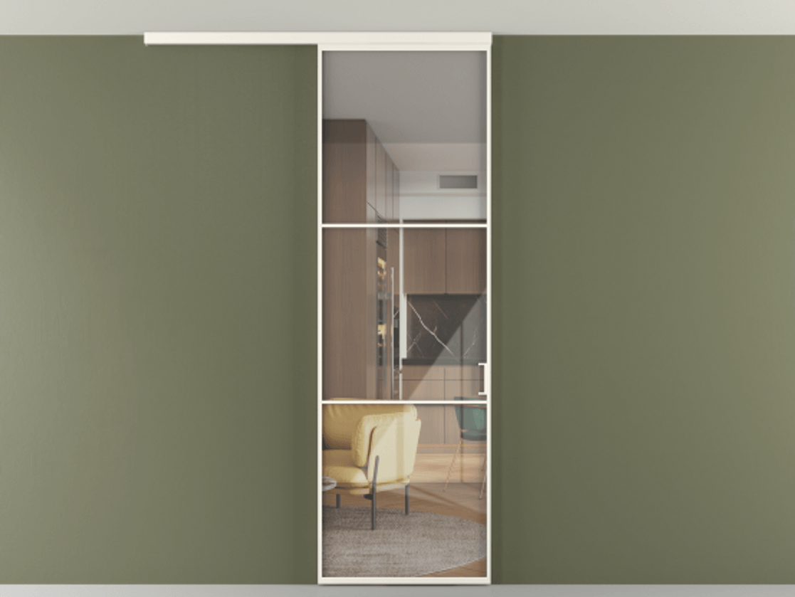 Перегородка Формато вдоль стены на потолок 1 створка АЛПР 040.03 Алюминий пудровый белый Рефлективное прозрачное стекло "Стопсол", калёное Цена 125510 ₽ | Volhovec