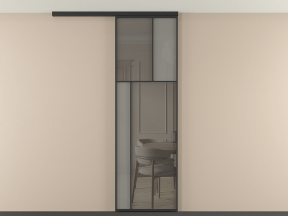 Перегородка Mosaic вдоль стены на потолок одностворчатая АЛПР 041.22 Алюминий Черный Сатинированное серое стекло, триплекс, 6 мм + Прозрачное серое стекло, триплекс, 6 мм Цена 823850 AMD | Volhovec