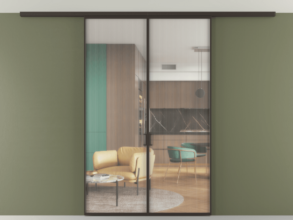 Перегородка Формато вдоль стены на потолок 2 створки АЛПР 040.01 Алюминий антрацит Рифлёное стекло "Мору", триплекс Цена 198172 ₽ | Volhovec