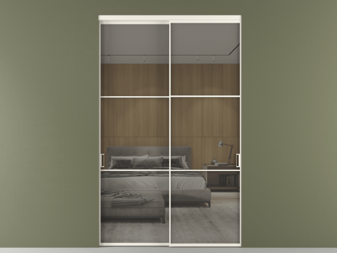 Перегородка Формато внутри проёма 2 створки АЛПР 040.03 Алюминий пудровый белый Рефлективное серое стекло "Стопсол", калёное Цена 3225660 AMD  | Volhovec