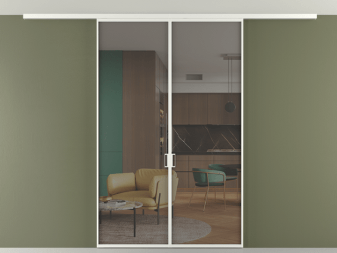 Перегородка Формато вдоль стены на потолок 2 створки АЛПР 040.01 Алюминий светло-серый Прозрачное серое стекло, триплекс Цена 1456970 AMD | Volhovec