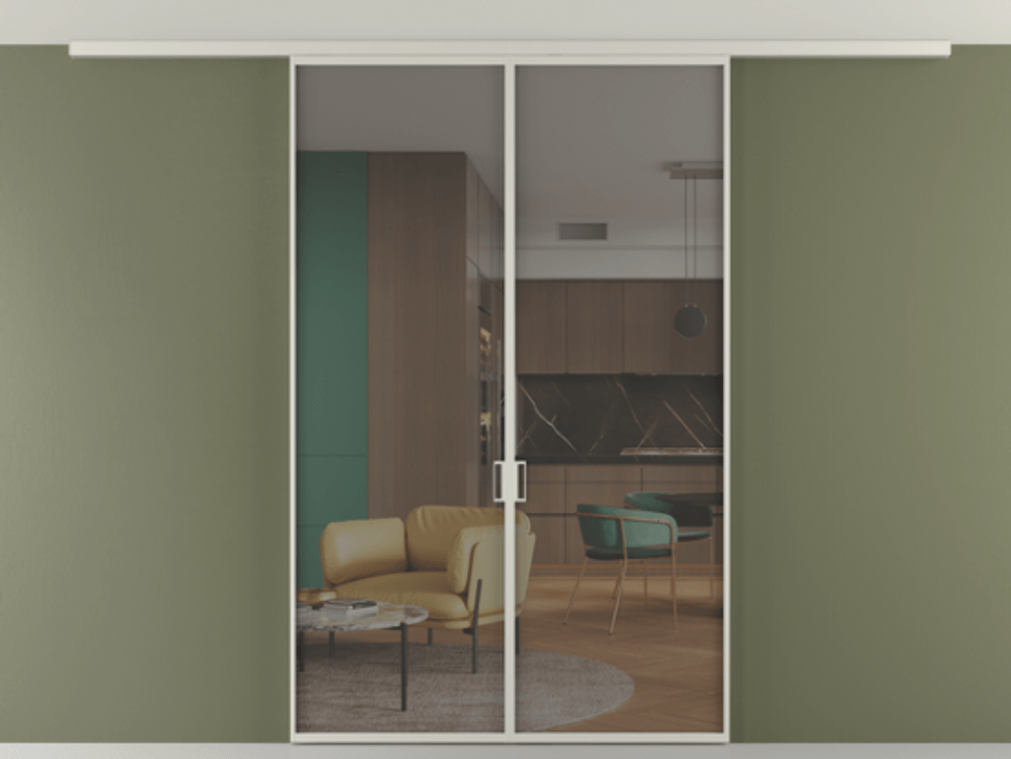 Перегородка Формато вдоль стены на потолок 2 створки АЛПР 040.01 Алюминий тёплый серый Прозрачное серое стекло, триплекс Цена 1456970 AMD | Volhovec