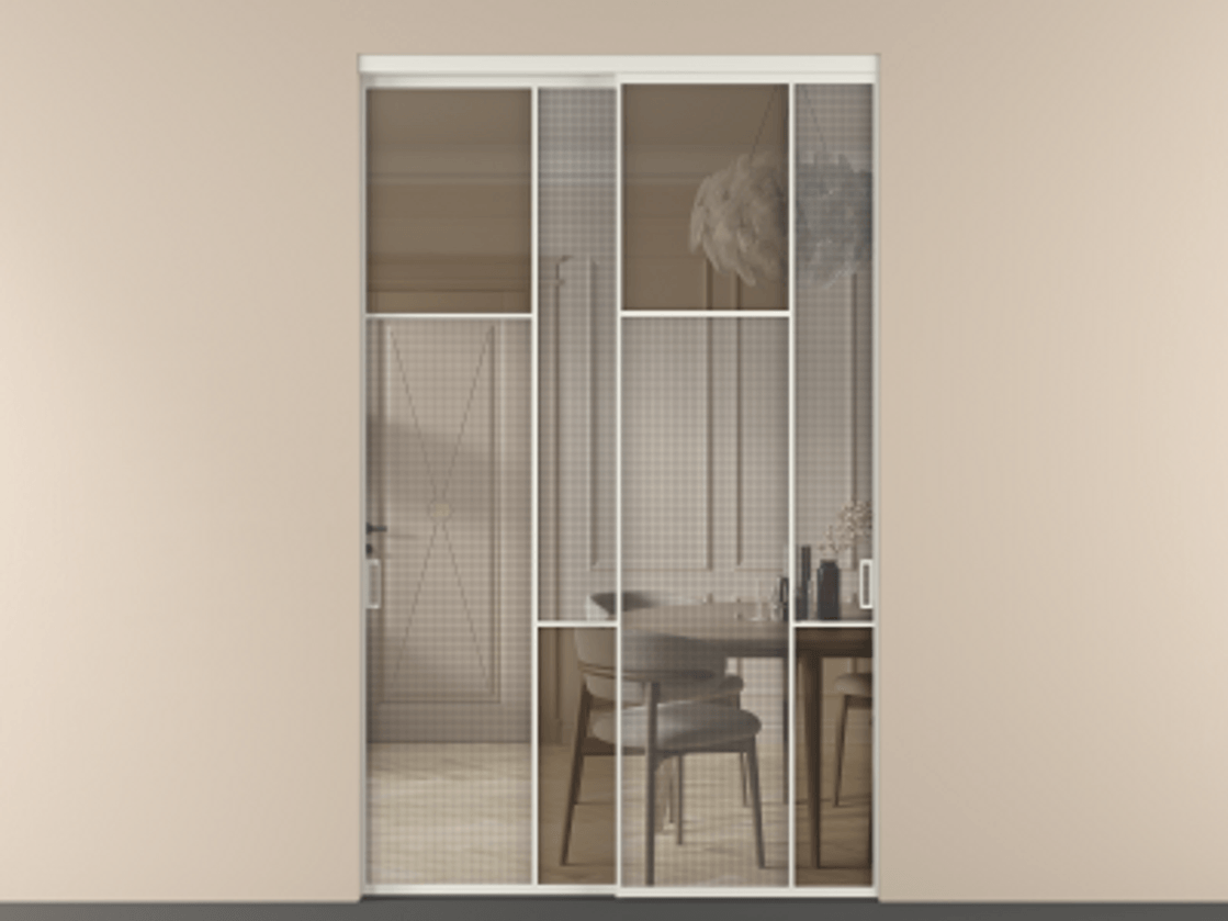 Перегородка Mosaic внутри проёма двустворчатая АЛПР 041.10 Алюминий Белый Декоративное стекло с сеткой "Mesh silver", триплекс, 6 мм + Прозрачное бронзовое стекло, триплекс, 6 мм Цена 1552200 AMD | Volhovec