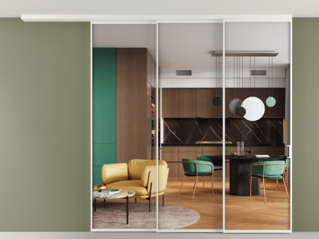 Перегородка Формато вдоль стены на потолок 3 створки с синхронным механизмом АЛПР 040.01 Алюминий светло-серый Прозрачное стекло "Кристал Вижн", калёное Цена 20920 AZE | Volhovec