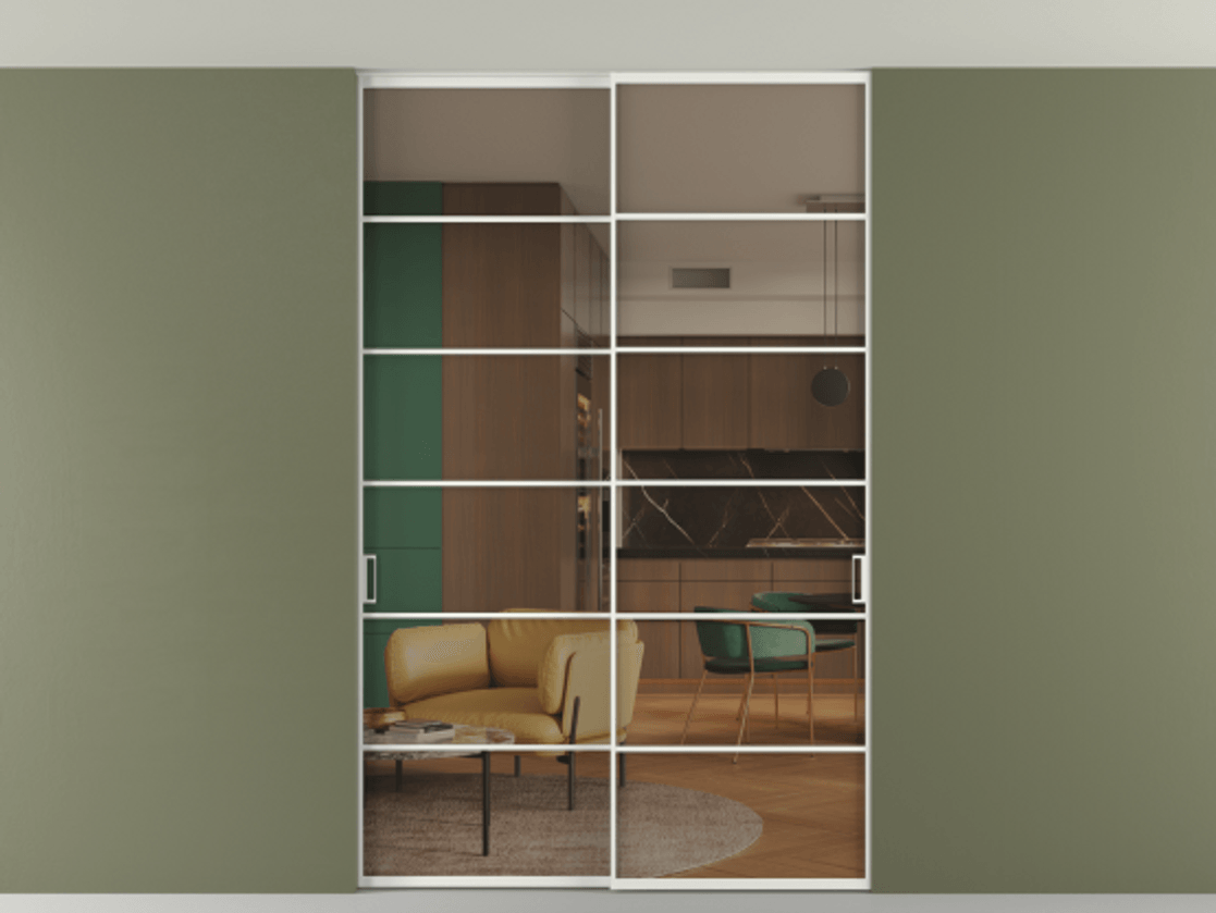 Перегородка Формато внутри проёма скрытое крепление в потолок 2 створки АЛПР 040.04 Алюминий светло-серый Прозрачное бронзовое стекло, триплекс Цена 1760760 AMD | Volhovec