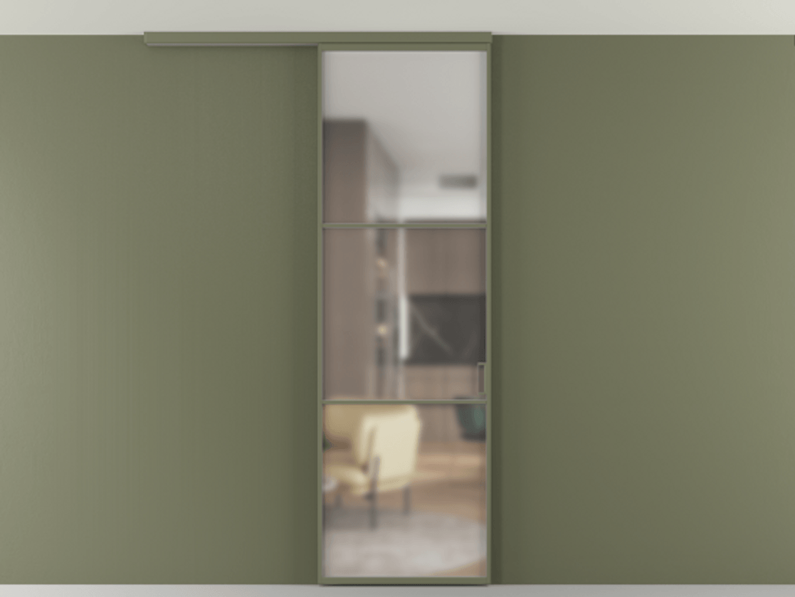 Перегородка Формато вдоль стены на потолок 1 створка АЛПР 040.03 Алюминий оливковый тёмный Сатинированное стекло "Мателюкс Кристал Вижн", калёное, матовое, каленое 6 мм Цена 724220 AMD | Volhovec