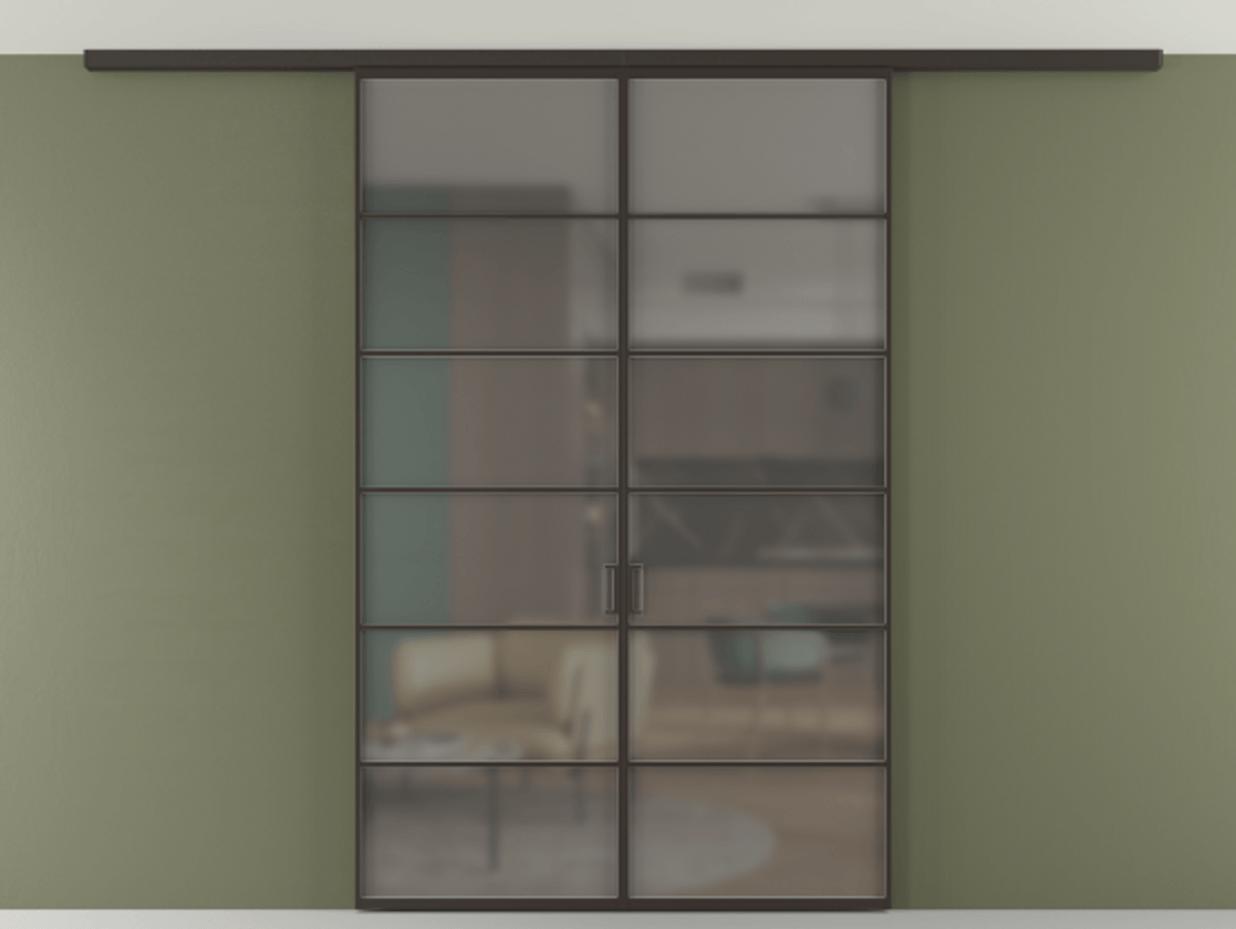 Перегородка Формато вдоль стены на потолок 2 створки АЛПР 040.04 Алюминий антрацит Сатинированное серое стекло, триплекс Цена 1345330 AMD | Volhovec