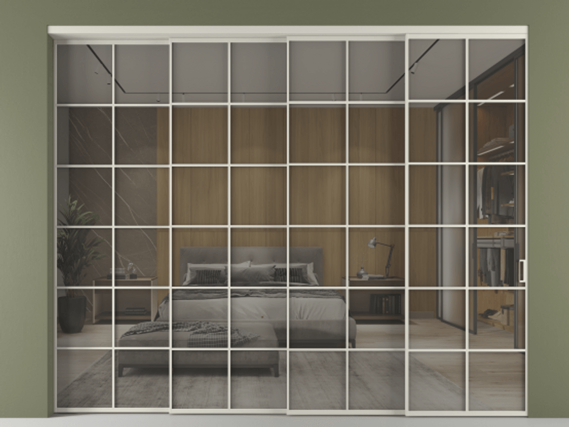 Перегородка Формато внутри проёма 4 створки с синхронным механизмом АЛПР 040.05 Алюминий тёплый серый Рефлективное серое стекло "Стопсол", калёное. Цена 3468300 AMD 1. Полотно 4 шт. (800/2100 мм)
2. Комплект установки раздвижной системы
3. Базовый комплект фурнитуры
4. Комплект фурнитуры телескопик синхро-3
5. Ручка Рондо. Фабрика дверей Волховец 8 (800) 551 43 19 Перегородка Формато внутри проёма 4 створки с синхронным механизмом АЛПР 040.05 Алюминий тёплый серый Рефлективное серое стекло "Стопсол", калёное Цена 3468300 AMD | Volhovec