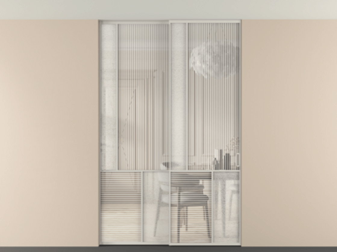 Перегородка Мозаик внутри проёма скрытое крепление в потолок 2 створки АЛПР 041.20 Алюминий тёплый серый Рифлёное стекло "Дюна", триплекс, 6 мм + Фактурное стекло "Лёд", триплекс. Цена 2296870 AMD . Фабрика дверей Волховец 8 (800) 551 43 19 Перегородка Мозаик внутри проёма скрытое крепление в потолок 2 створки АЛПР 041.20 Алюминий тёплый серый Рифлёное стекло "Дюна", триплекс, 6 мм + Фактурное стекло "Лёд", триплекс Цена 2296870 AMD | Volhovec