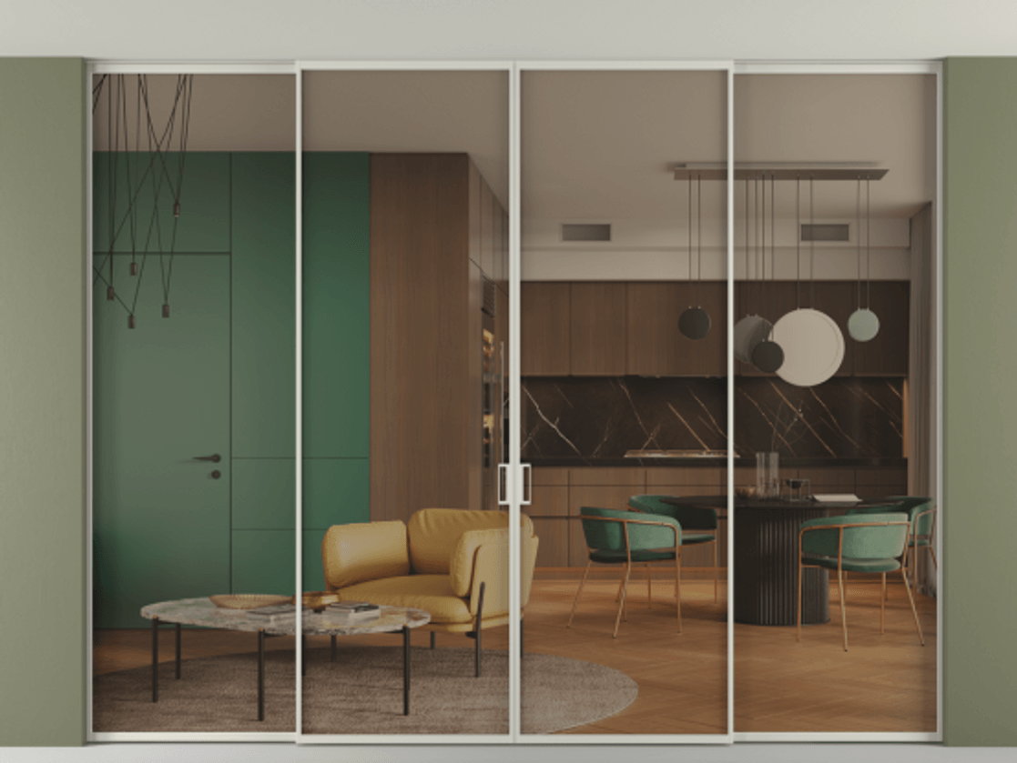 Перегородка Формато внутри проёма скрытое крепление в потолок 4 створки АЛПР 040.01 Алюминий тёплый серый Прозрачное бронзовое стекло, триплекс Цена 2850760 AMD | Volhovec