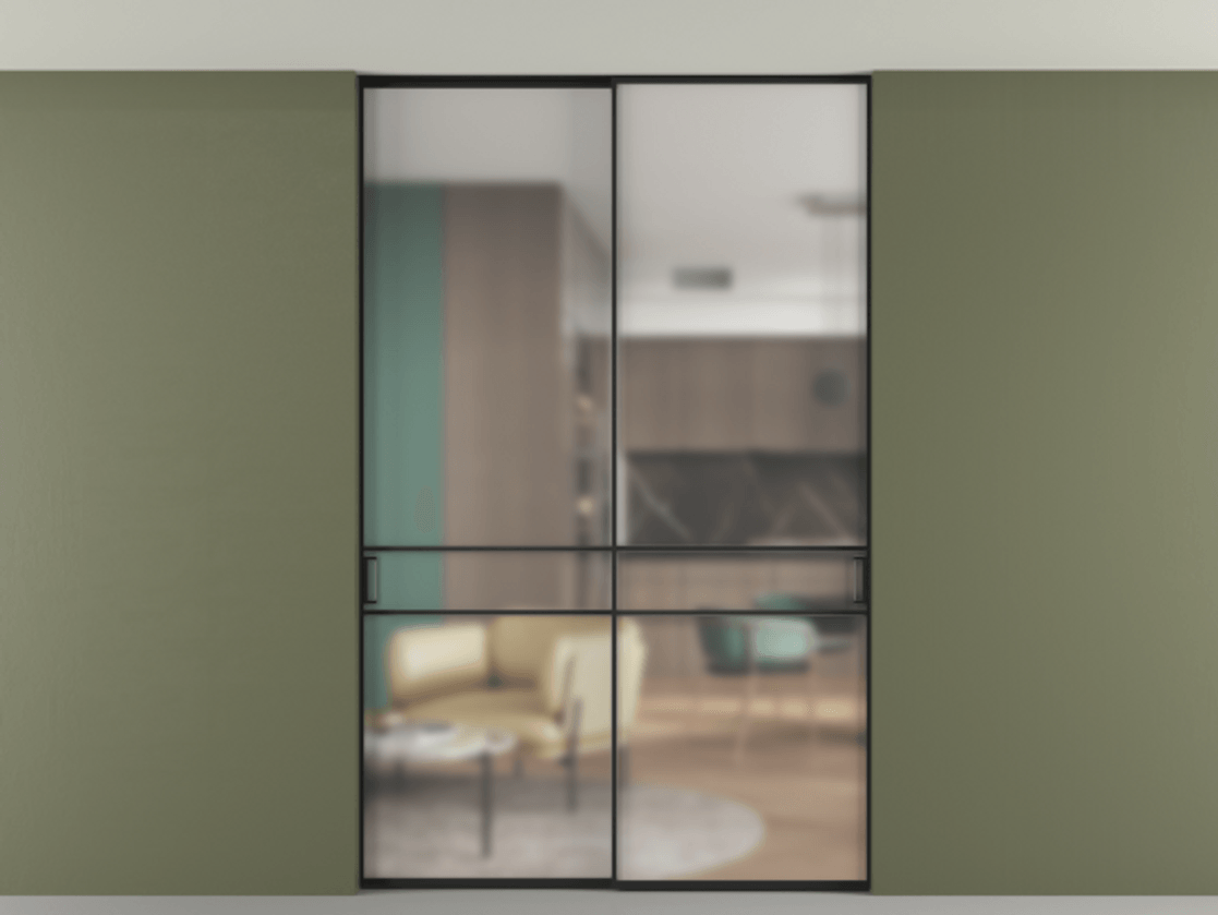 Перегородка Formato внутри проёма двустворчатая со скрытым креплением в потолок АЛПР 040.02 Алюминий Черный Сатинированное стекло "Matelux Crystal Vision", калёное, 6 мм, матовое, каленое 6 мм Цена 1897630 AMD | Volhovec