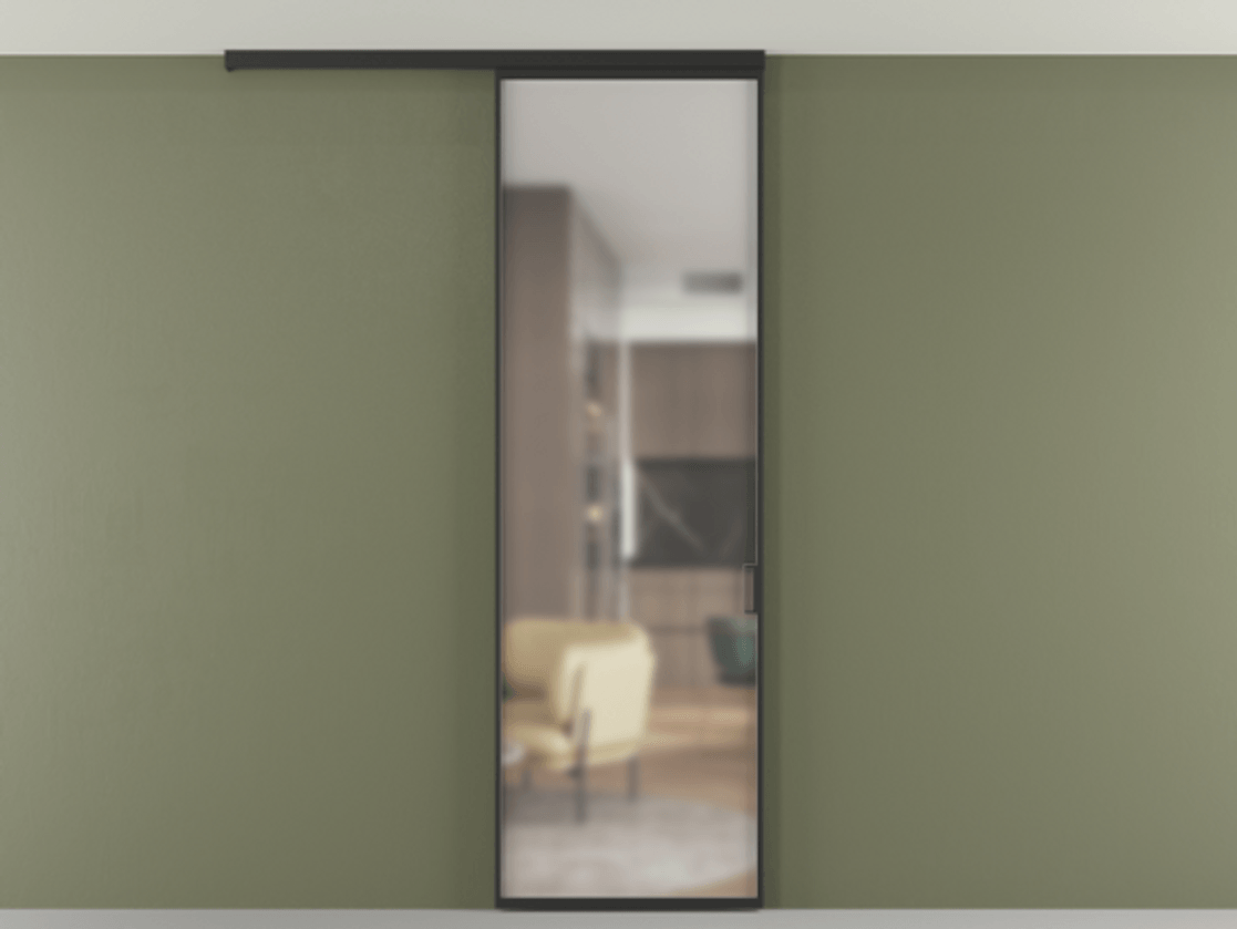 Перегородка Формато вдоль стены на потолок 1 створка АЛПР 040.01 Алюминий Черный Сатинированное стекло "Мателюкс Кристал Вижн", калёное, матовое, каленое 6 мм Цена 115130 ₽ | Volhovec