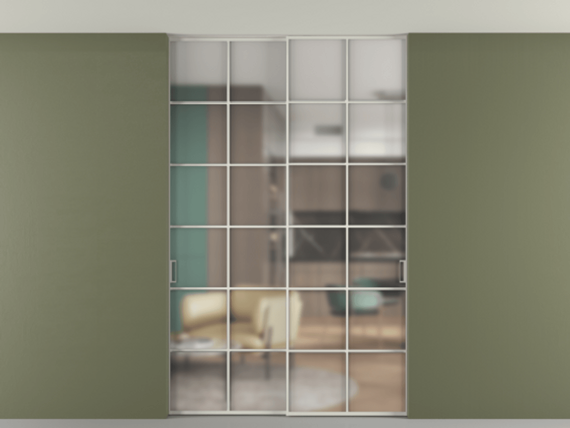 Перегородка Formato внутри проёма двустворчатая со скрытым креплением в потолок АЛПР 040.05 Алюминий Белый Сатинированное стекло "Matelux Crystal Vision", калёное, 6 мм, матовое, каленое 6 мм Цена 2001480 AMD | Volhovec