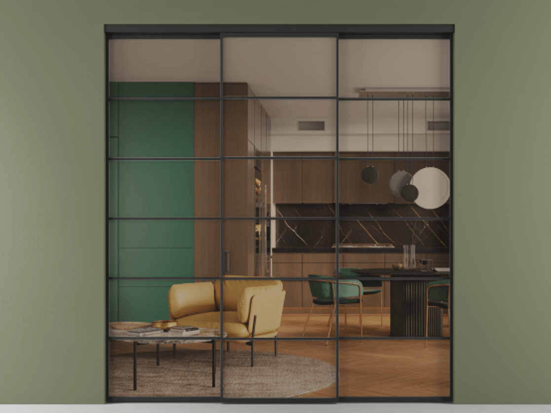 Перегородка Формато внутри проёма 3 створки АЛПР 040.04 Алюминий Черный Прозрачное бронзовое стекло, триплекс Цена 1649750 AMD | Volhovec