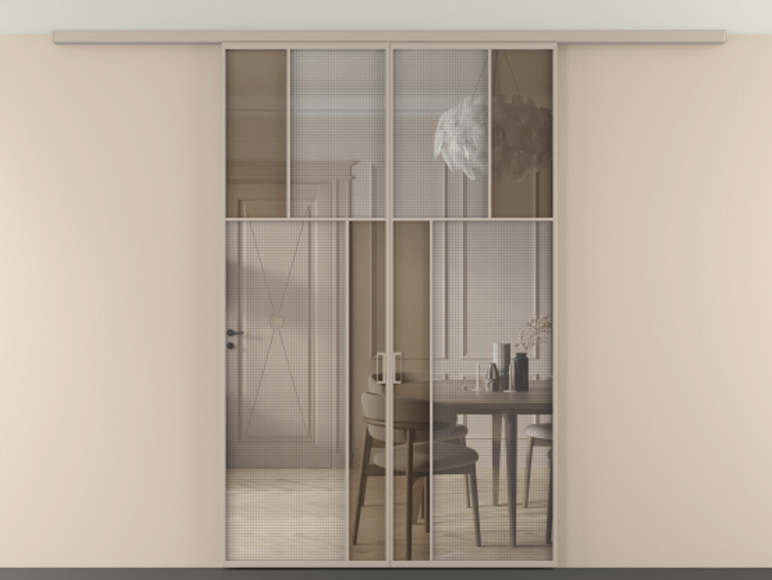 Перегородка Mosaic вдоль стены на потолок двустворчатая АЛПР 041.22 Алюминий бисквитный Декоративное стекло с сеткой "Mesh silver", триплекс, 6 мм + Прозрачное бронзовое стекло, триплекс, 6 мм. Цена 272920 ₽ . Фабрика дверей Волховец 8 (800) 551 43 19 Перегородка Mosaic вдоль стены на потолок двустворчатая АЛПР 041.22 Алюминий бисквитный Декоративное стекло с сеткой "Mesh silver", триплекс, 6 мм + Прозрачное бронзовое стекло, триплекс, 6 мм Цена 272920 ₽ | Volhovec