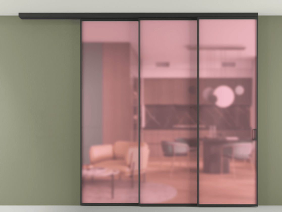 Перегородка Формато вдоль стены на потолок 3 створки с синхронным механизмом АЛПР 040.01 Алюминий Черный Сатинированное розовое стекло, триплекс Цена 2452300 AMD | Volhovec