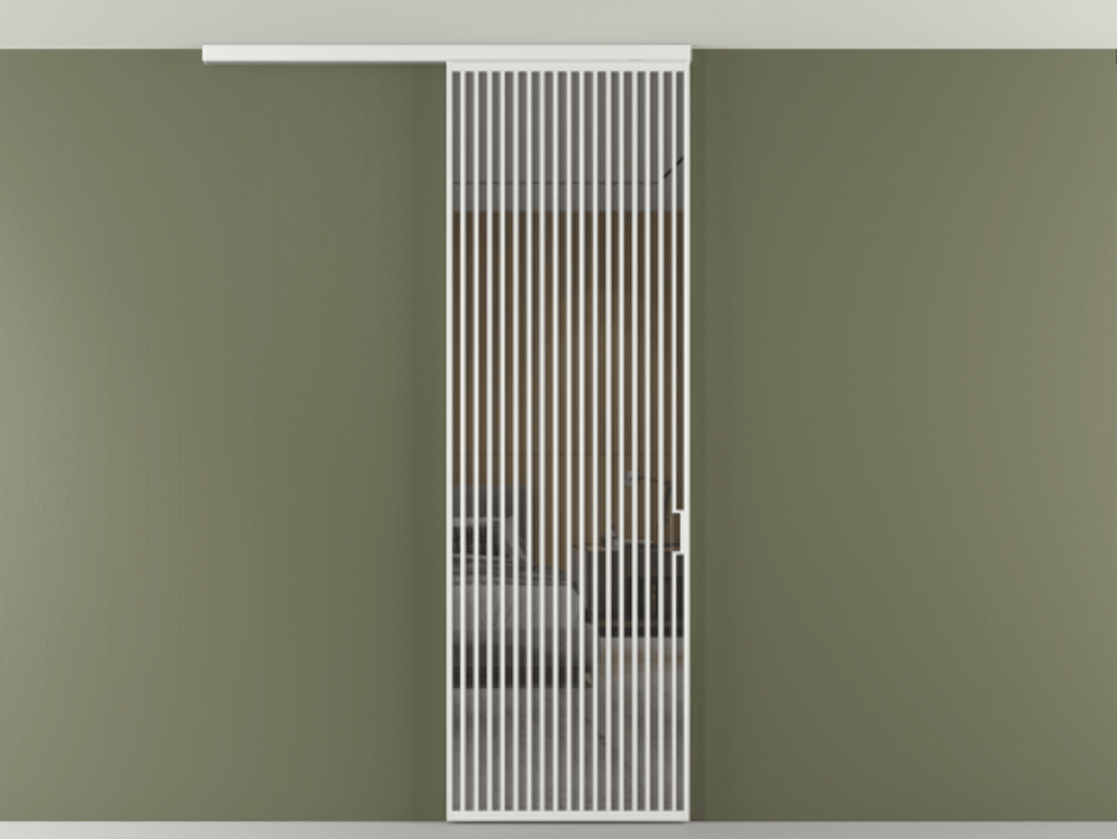 Перегородка Формато вдоль стены на потолок 1 створка АЛПР 040.06 Алюминий белоснежный Рефлективное серое стекло "Стопсол", калёное Цена 1305830 AMD | Volhovec