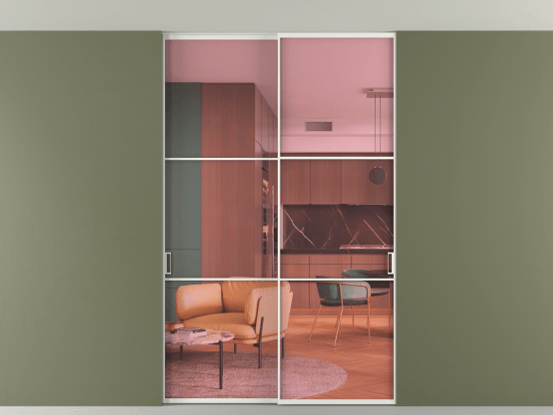 Перегородка Формато внутри проёма скрытое крепление в потолок 2 створки АЛПР 040.03 Алюминий светло-серый Прозрачное розовое стекло, триплекс Цена 1674000 AMD | Volhovec