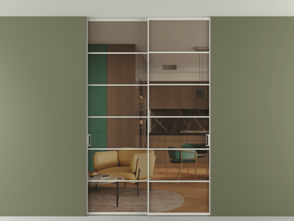 Перегородка Формато внутри проёма скрытое крепление в потолок 2 створки АЛПР 040.04 Алюминий тёплый серый Прозрачное бронзовое стекло, триплекс Цена 1760760 AMD | Volhovec