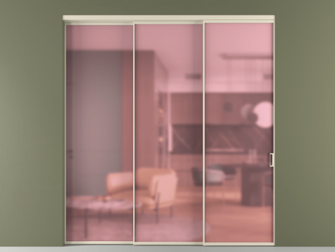 Перегородка Formato внутри проёма 3 створки с синхронным механизмом АЛПР 040.01 Алюминий бежево-серый Сатинированное розовое стекло, триплекс Цена 2518200 AMD  | Volhovec